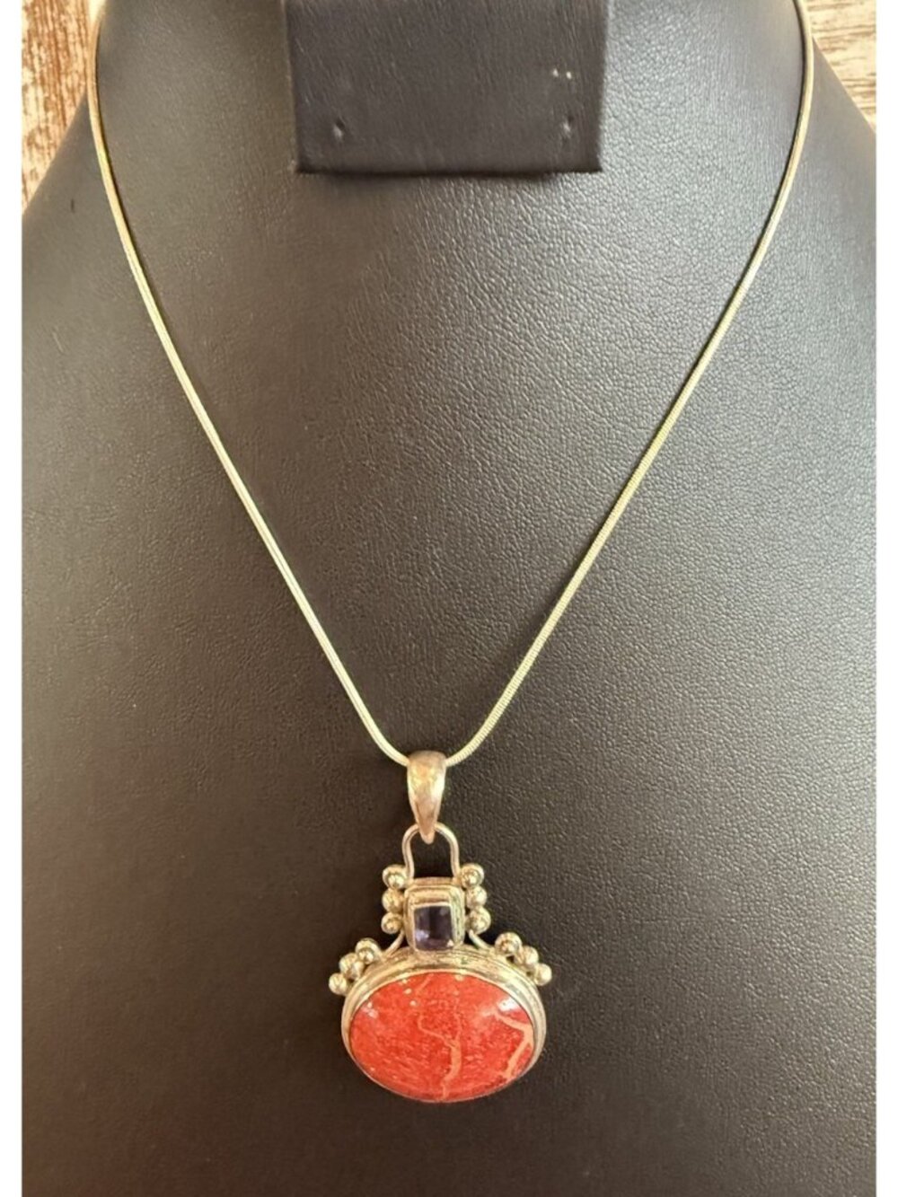 Sterling Silver Red-Orange & Amethyst Necklace   Cabachon Vintage 16”